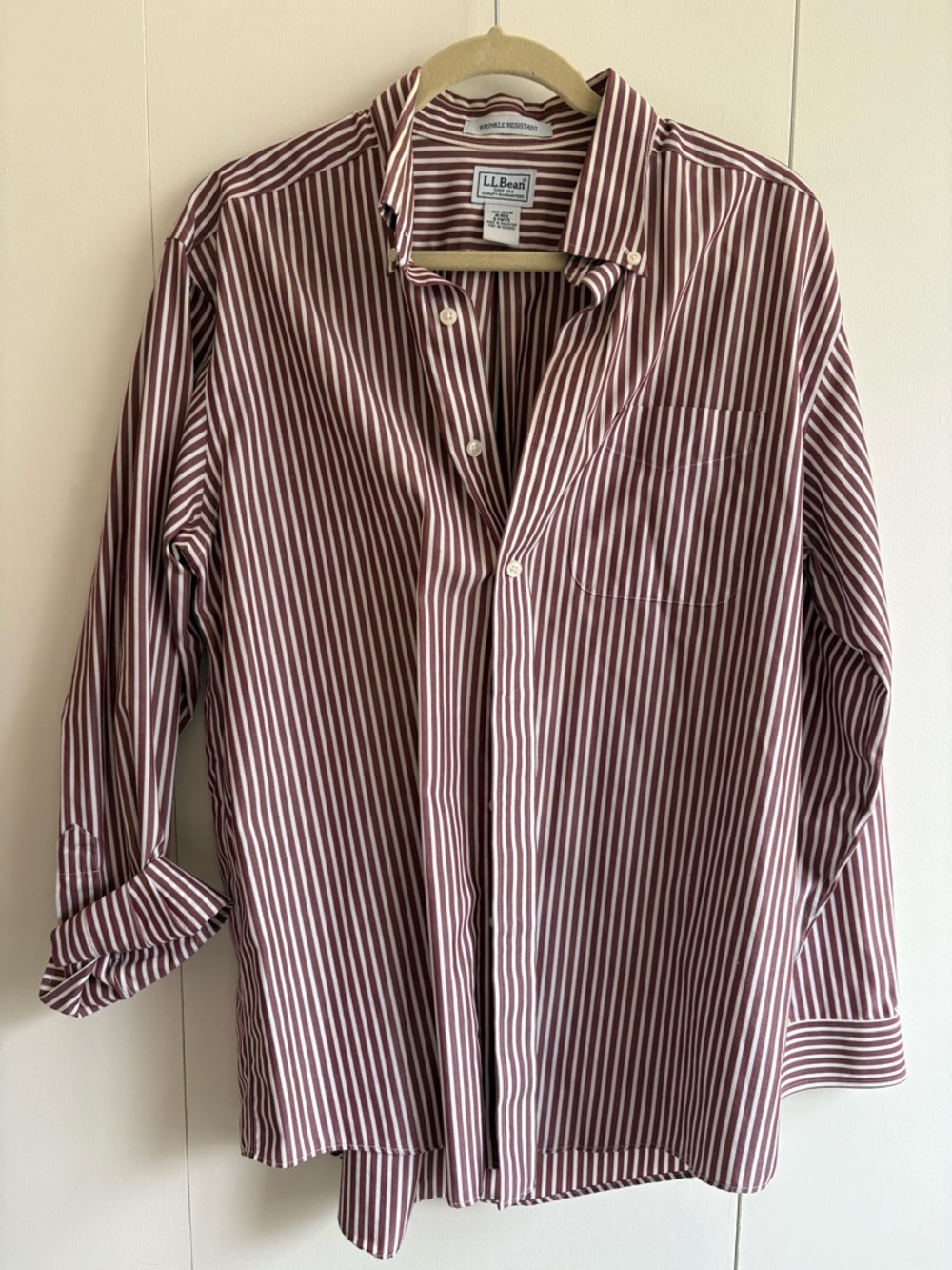 L.L. Bean Burgundy & White Striped Button-Down Shirt